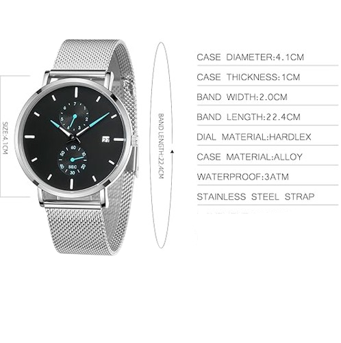 Men's Timepieces Stainless Steel Stylish Analog Quartz Waterproof silver with black dial Timepieces for Men